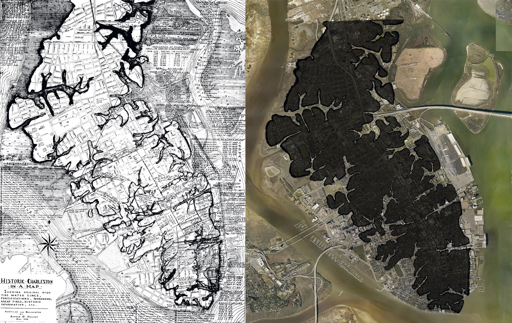 A historic Halsey Map (left) shows the original creek bed lines on the peninsula, and (right) the map is overlaid on a current aerial image, indicating areas that once were waterways. Images courtesy of the city of charleston Flooding & Sea Level rise Strategy, February 2019
