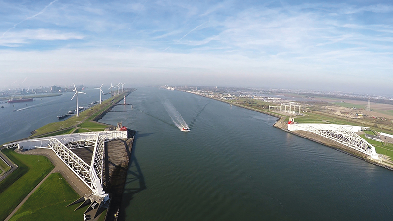 The massive 72-foot-high, 689-foot-long steel gates of the Maeslantkering protect Rotterdam, and the entrance to one of the world’s busiest ports, from storm surge. Photograph by GLF Media