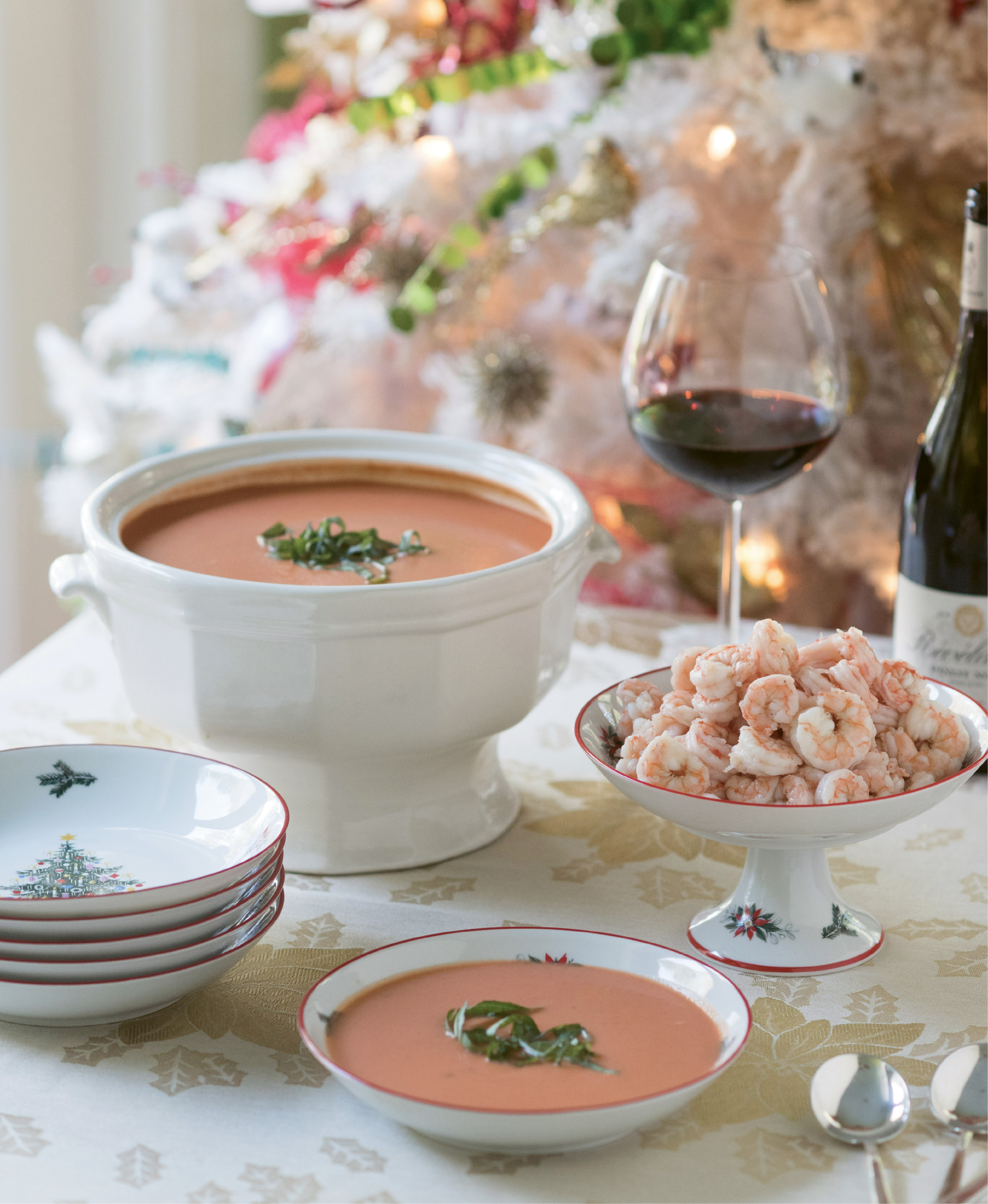 Velvety tomato bisque can be served on its own, or topped with chilled local shrimp (Austin’s father catches his own off Edisto Island every summer) for a Lowcountry spin.