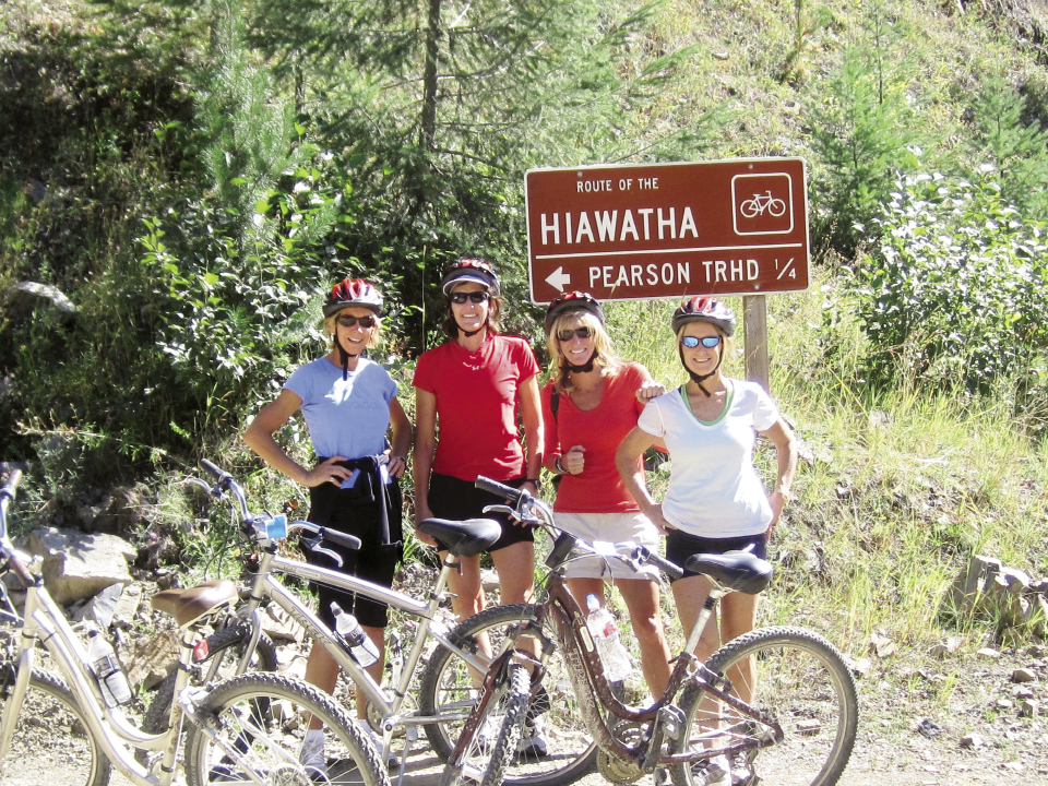 Kulze (above, far left) exercises every day, even during vacations like this girl’s outdoor adventure trip, which included fly-fishing, white-water rafting, and biking the Hiawatha Trail in Montana in September 2009. Pictured with her are (left to right) Tricia Wilson, Terri Thornton, and her sister Dicksie Johnson