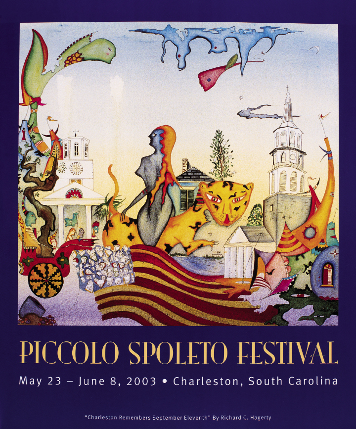 Hagerty’s work has graced Piccolo Spoleto posters five times over, including the 1990 triptych titled Hurricane Hugo, as well as a poster for the Sophia Institute’s Mosaics of Mary event in 2003.