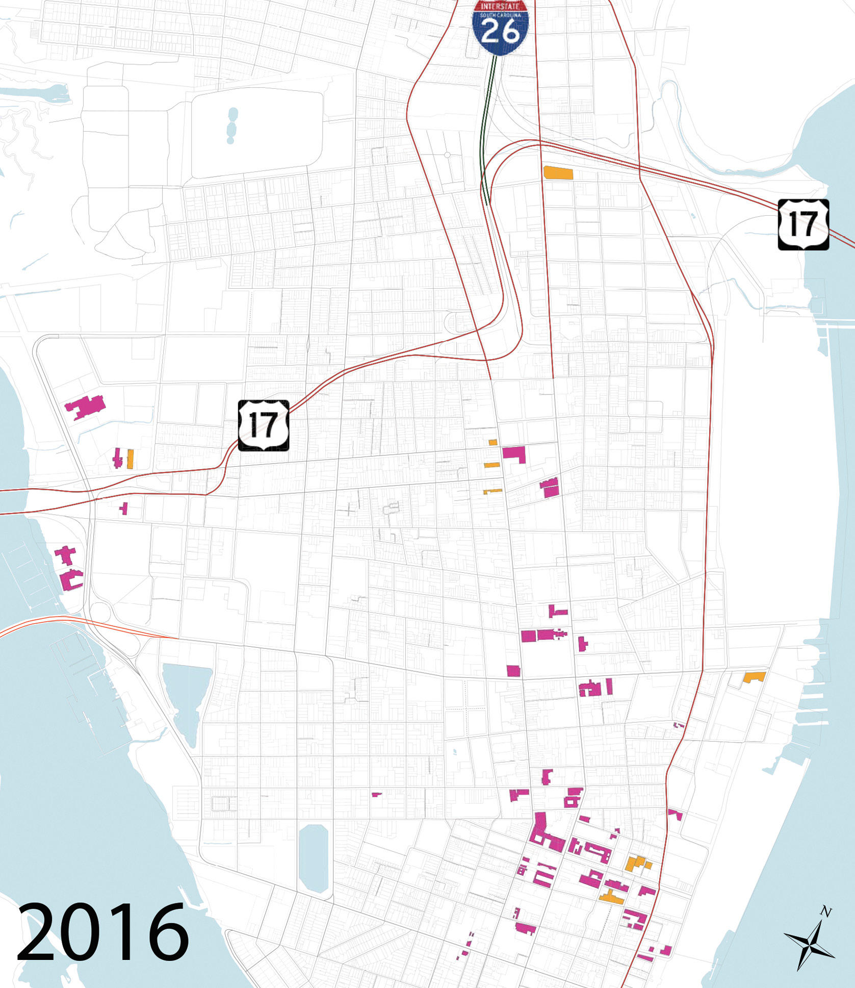 This map from the Peninsula Hotel Study, prepared by the City of Charleston’s department of Planning, Preservation, and Sustainability and division of Business and Neighborhood Services in June 2016, shows all existing hotels and those under construction in magenta and 11 recently approved in orange. Upon completion, the peninsula will have nearly 6,000 guest accommodations. To read the full report, visit <a href="http://www.charleston-sc.gov/DocumentCenter/View/11618">www.charleston-sc.gov/DocumentCenter/View/11618</a>.
