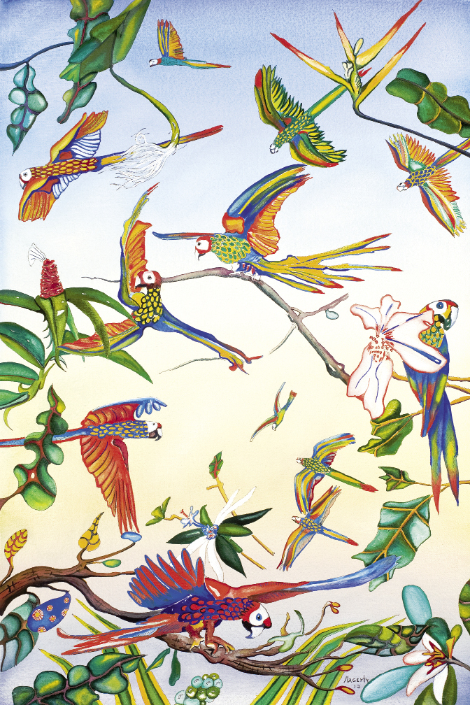 Parrots (2012, watercolor on paper, 29 x 19 inches)