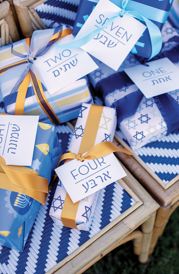 To create gift tags numbered for each day of Hanukkah, start by using a program or website to translate each of the words “one” through “eight”; Robinson used Google Translate. Copy and paste the text into a computer file and print it on paper of a heavier weight, such as 32-pound (a stationery shop can help you select the right one). Cut out each tag and tie it with ribbon.