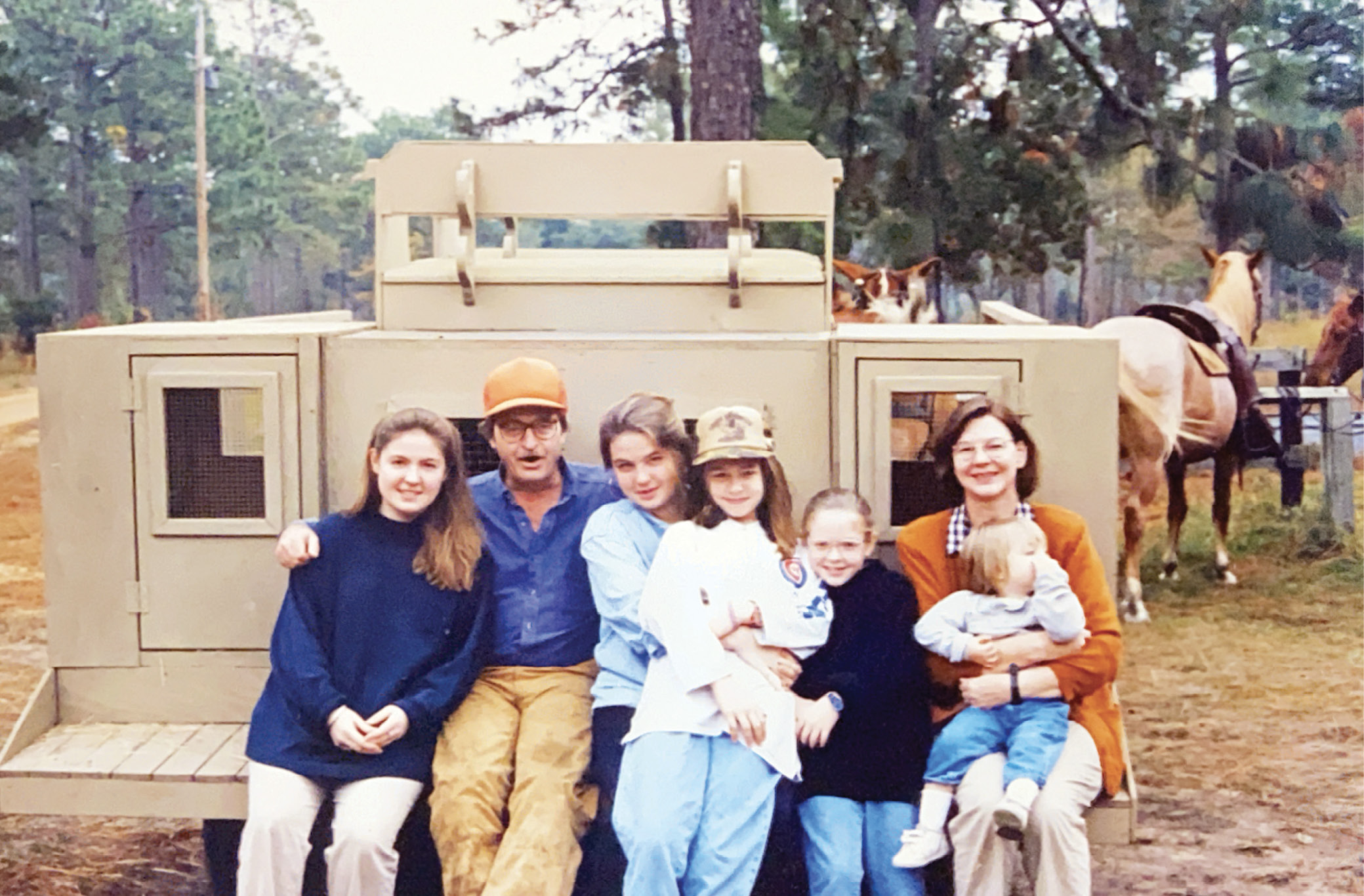 The Strachan Donnelley family on the Ashepoo mule wagon, circa 1989:  (from left) Naomi, dad Strachan, Inanna, Aidan, Ceara, mom Vivian, and Tegan.
