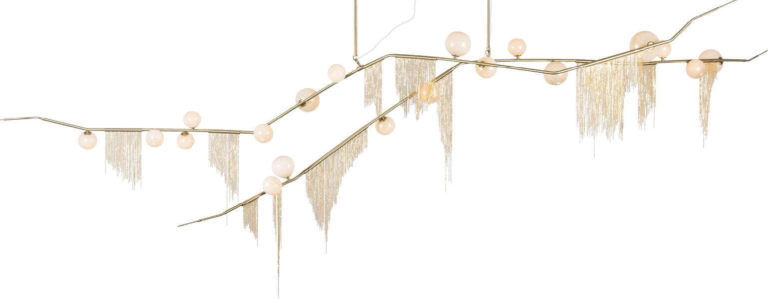 “Cherry Bomb Fringe” chandelier by Lindsey Adelman, price upon request at Ginger Brewton Interiors