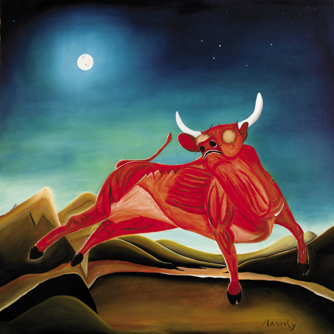Hagerty frequently depicts himself as a bull [above: Bull (Self Portrait), 2007, oil on canvas, 48 x 48 inches]. Here the animal has painting canvases pinned over its eyes. His dyslexia and rampant imagination often left him feeling “like a bull in a china shop,” the artist explains.