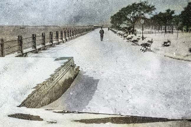 Alone on the Battery, 1899, by Sabina Elliott Wells A man walks in the heavy snow along the promenade.