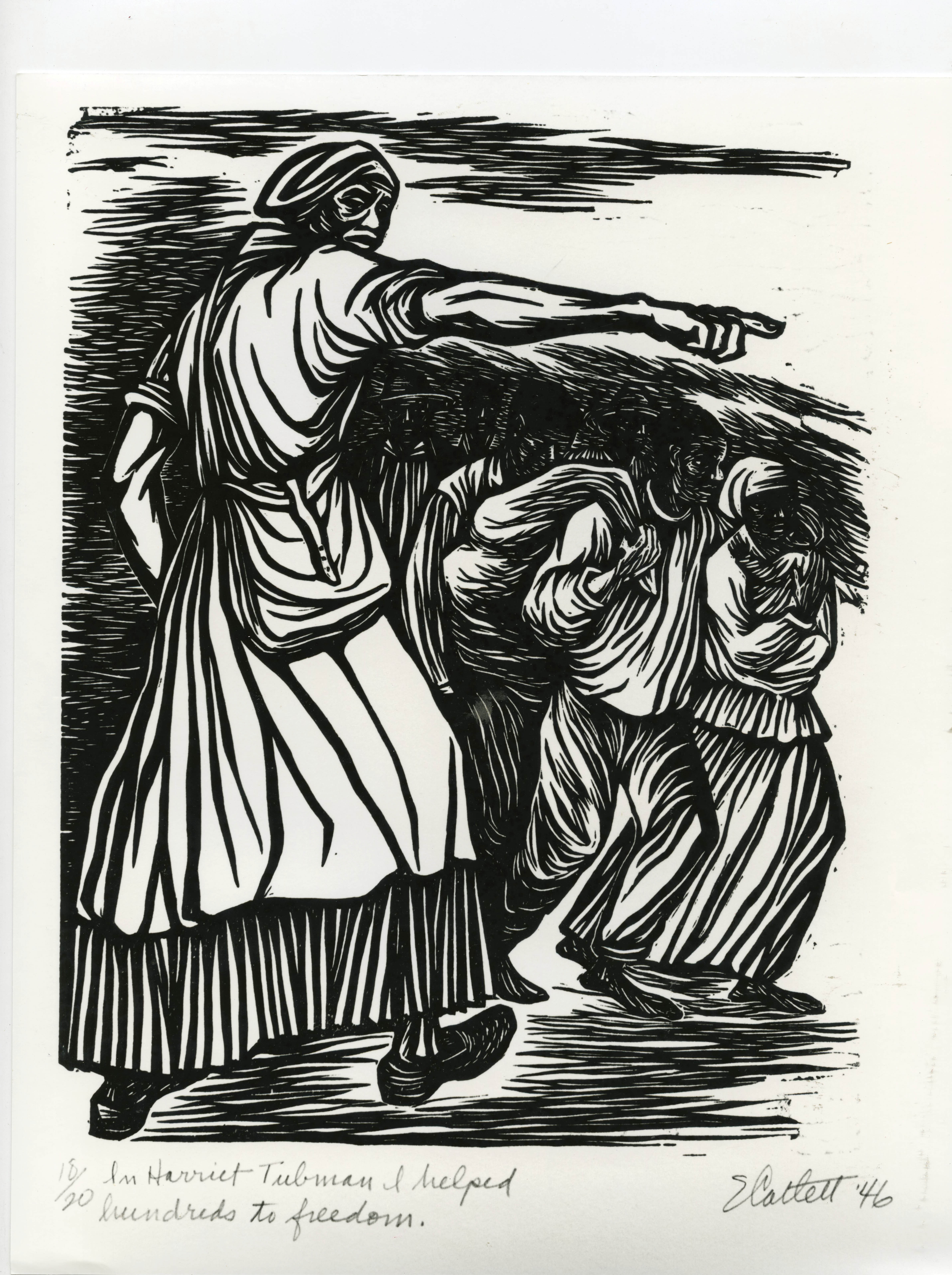 In Harriet Tubman I Helped Hundreds to Freedom by Elizabeth Catlett (linocut 18/20, 15 x 11 inches, 1946, reprinted in 1989.