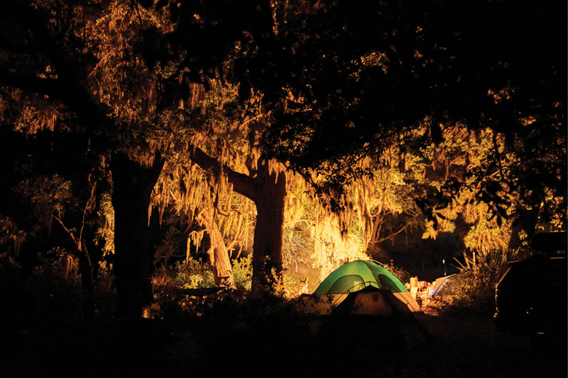 The glow of campsites after nightfall.