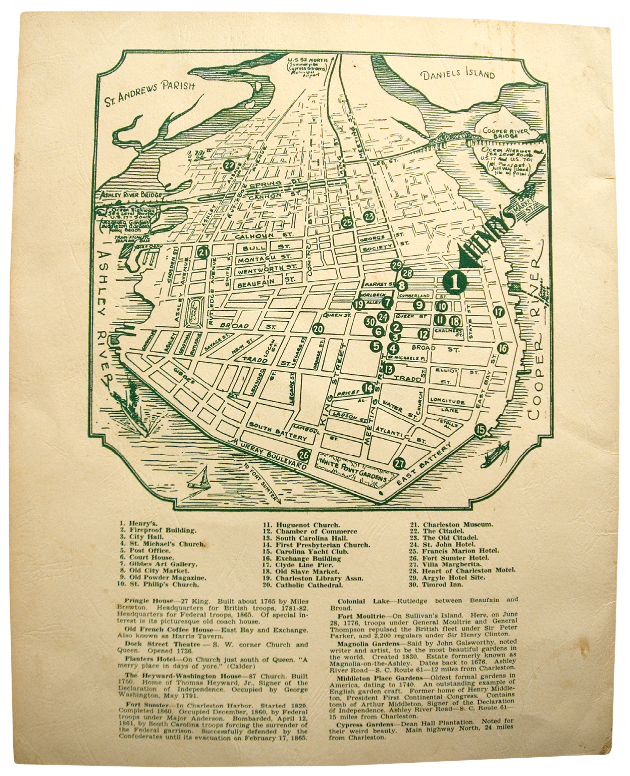 A promotional map of the city’s sites and institutions features a prominent arrow pointing to the legendary Charleston eatery, located on Market Street.