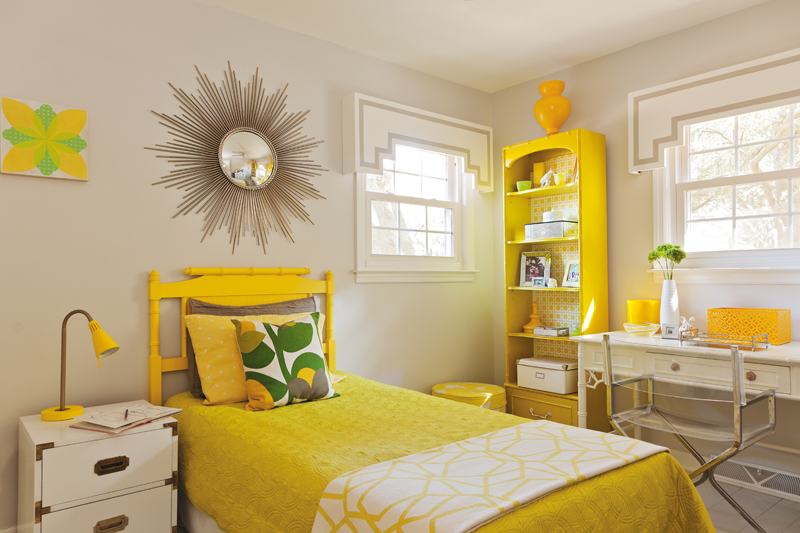 SUNNY DAYS  Bold yellow accents give a bright punch of color to eldest daughter Ella’s room.