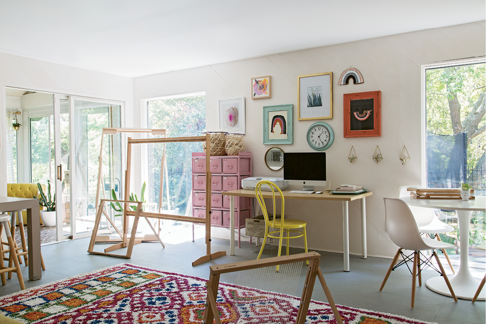 A LOOM OF ONE’S OWN: “I wanted the studio to feel like a separate space, so it’s bright with lots of pinks and more color than the rest of the house,” Erin notes.