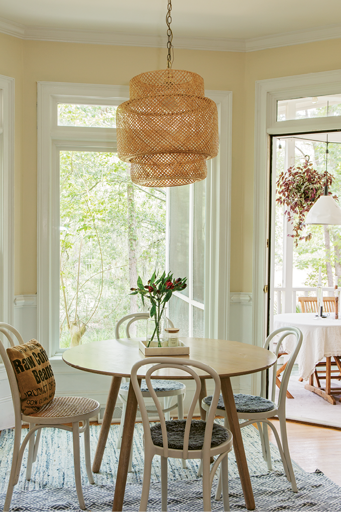 Bright &amp; Early: A woven light fixture from IKEA brings affordable Scandinavian style to the breakfast nook.