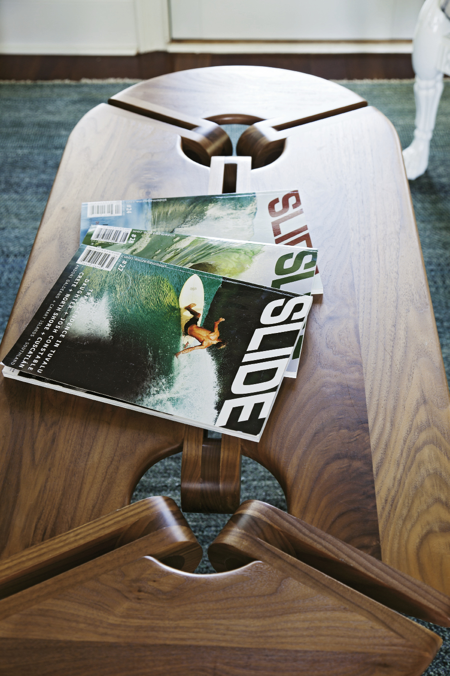 Surf magazines put a personal stamp on a mid-century-style coffee table by New Breed Furniture Network.