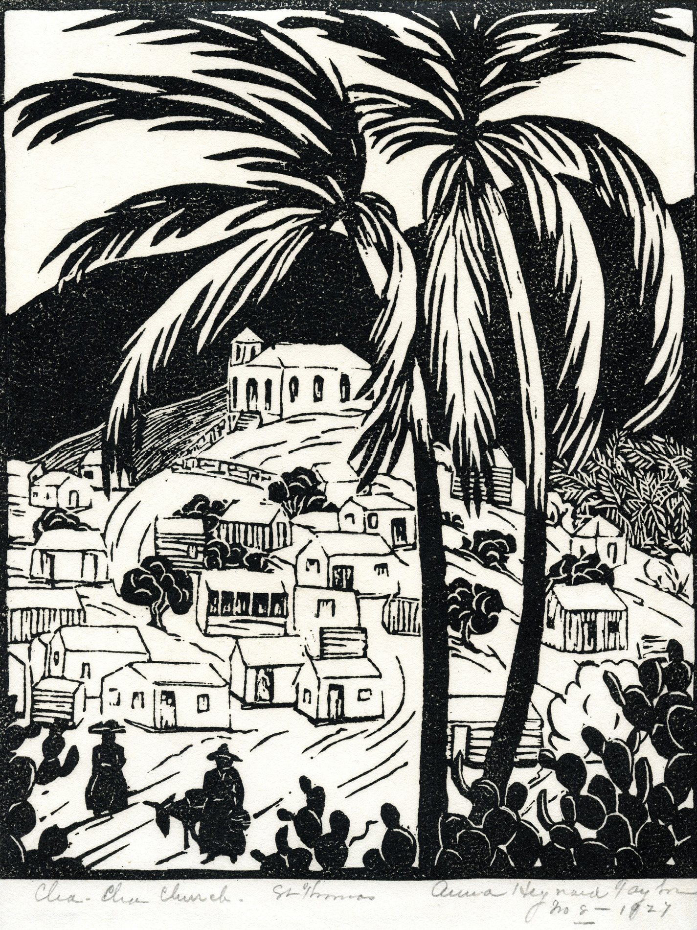 Two years after her 1926 visit to St. Thomas with Rachel Hartley, Taylor created this woodblock print, Cha Cha Church, St. Thomas, depicting the hillside of houses and a church at the top.
