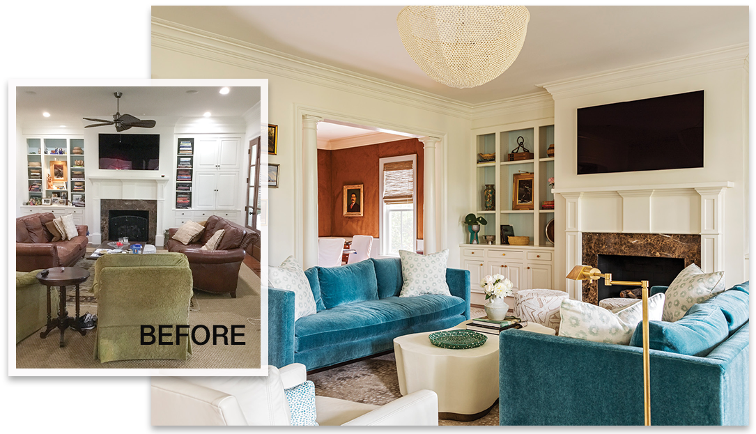 A Refreshing Upgrade: It’s astonishing what a new rug, a touch of woodwork, and a lick of paint can do to a room. The living room of this I’On home was given new life by designer Allison Elebash, who reworked the built-in bookshelves to be more decorative, added bright, colorful furniture—including two Lee Industries sofas upholstered in a bright blue mohair and a pair of white leather swivel chairs, ordered through GDC Home—and tied it all together with a large “Antelope” Stark area rug. Her touches of magic extended throughout the rest of the home with a cosmetic makeover of the main living spaces.