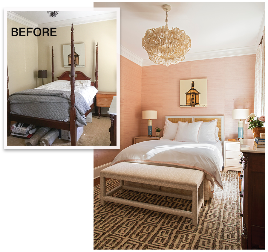 Stay Awhile: In the guest room, Elebash swapped beiges and browns for pinks and creams to create a welcoming suite for guests. Textured touches—the Phillip Jeffries grasscloth wall covering, the Palecek “Monroe” wood-beaded chandelier, and the Serena &amp; Lily “Harbour Cane” headboard—make the room feel fresh and organic with a splash of femininity.