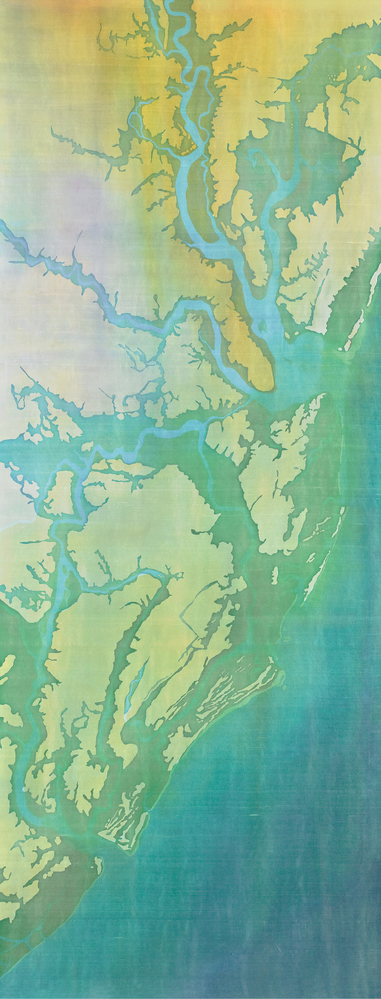 Nature Acts: Fraser’s batik, Charleston Airbourne Flooded (batik on silk, 97 x 35 inches, 2010) depicts NOAA’s projections of the Lowcountry’s 4.6-foot sea level rise by the year 2100. It will become a 98-foot centerpiece for “Awakening V” as it hangs on the Joseph Floyd Manor with the added words, “We argue. Nature acts.”—a play off Voltaire; image courtesy of Mary Edna Fraser