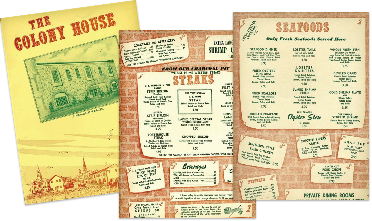 Menus from the old school restaurant circa 1960s, before new owners Franz Meier, Chris Weihs, and Harry Waddington “would turn haute cuisine in Charleston on its head.”