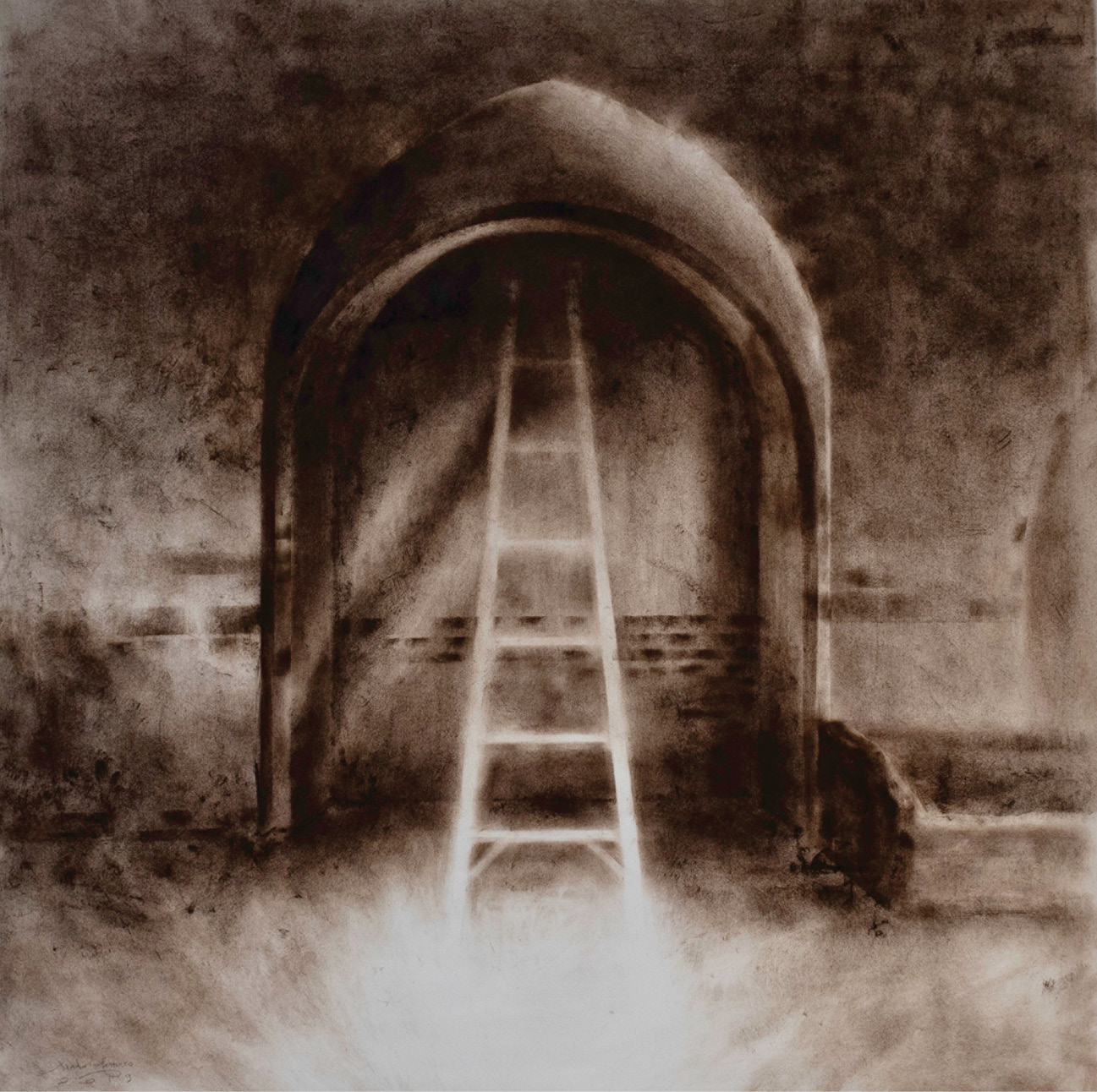 Bold Brush: Confined Ladder (oil on paper, 50 x 50 inches, 2019) demonstrates Fantuzzo’s breadth of technique, here using dry brush to explore an ephemeral interplay between passages and confinement.