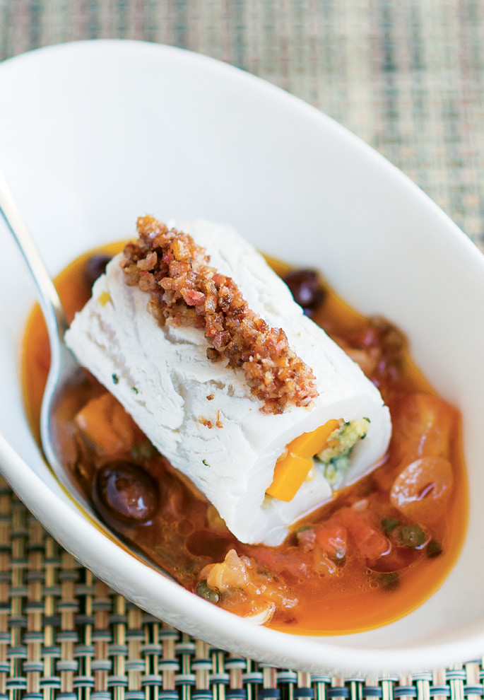 To Serve the Swordfish Braciole: Spoon some tomato mixture into a dish, add the braciole, and garnish with pancetta.