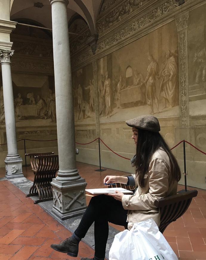 “I can go into a museum anywhere and feel immediately at home,” says Hooper. The artist spends as much time as possible each year in London, with visits to Italy (pictured, in Florence at the Cloister of the Scalzo sketching a study of Del Sarto’s frescoes).