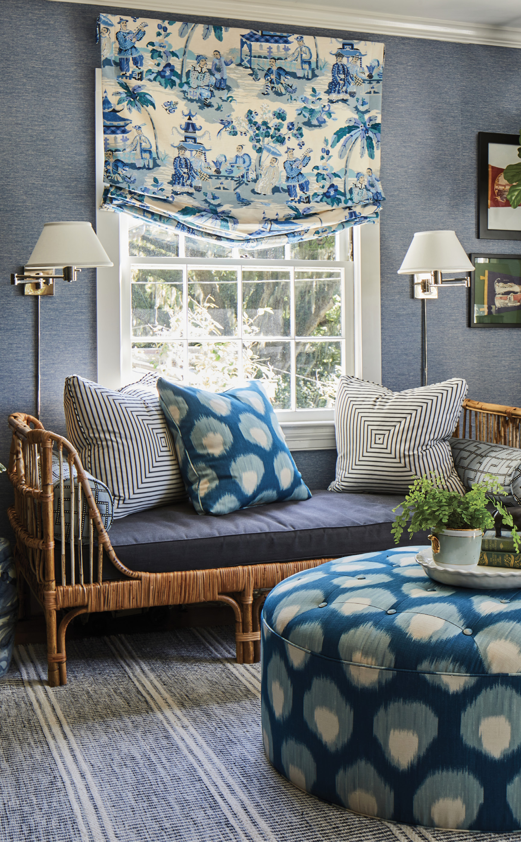 Performance textiles in a host of blues and an Article daybed make the second-floor study a perfect place to both work and unwind.