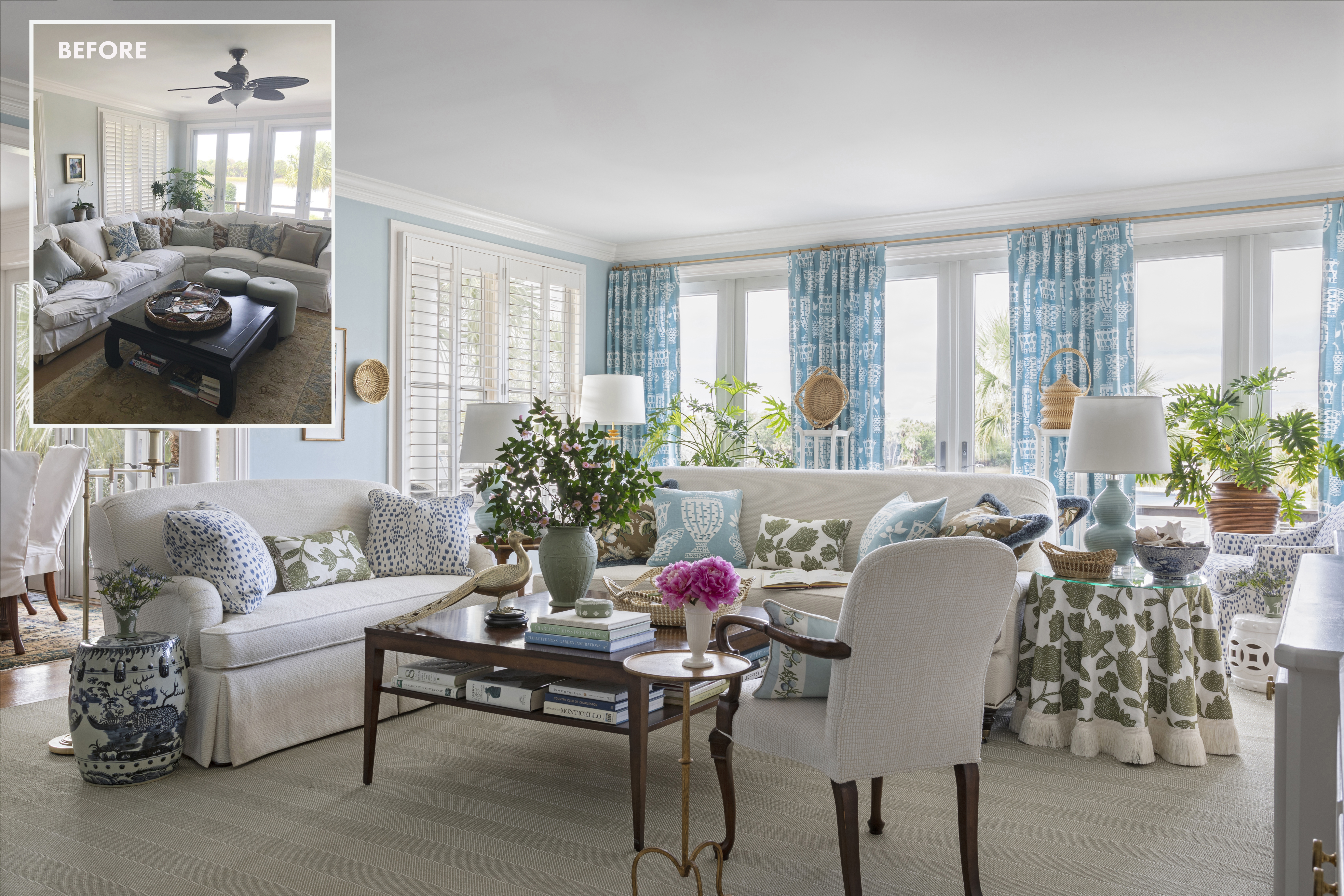 COASTAL HUES: A palette of blues and greens, inspired by the marsh and Intracoastal Waterway views, was infused into this now light and bright living room through custom pillows in a variety of fabrics and trims. The pattern play pulls from and contrasts with the Charlotte Moss “Caroline” drapes that dominate the room, changing in scale and function as it moves from the drapes to the sofas...