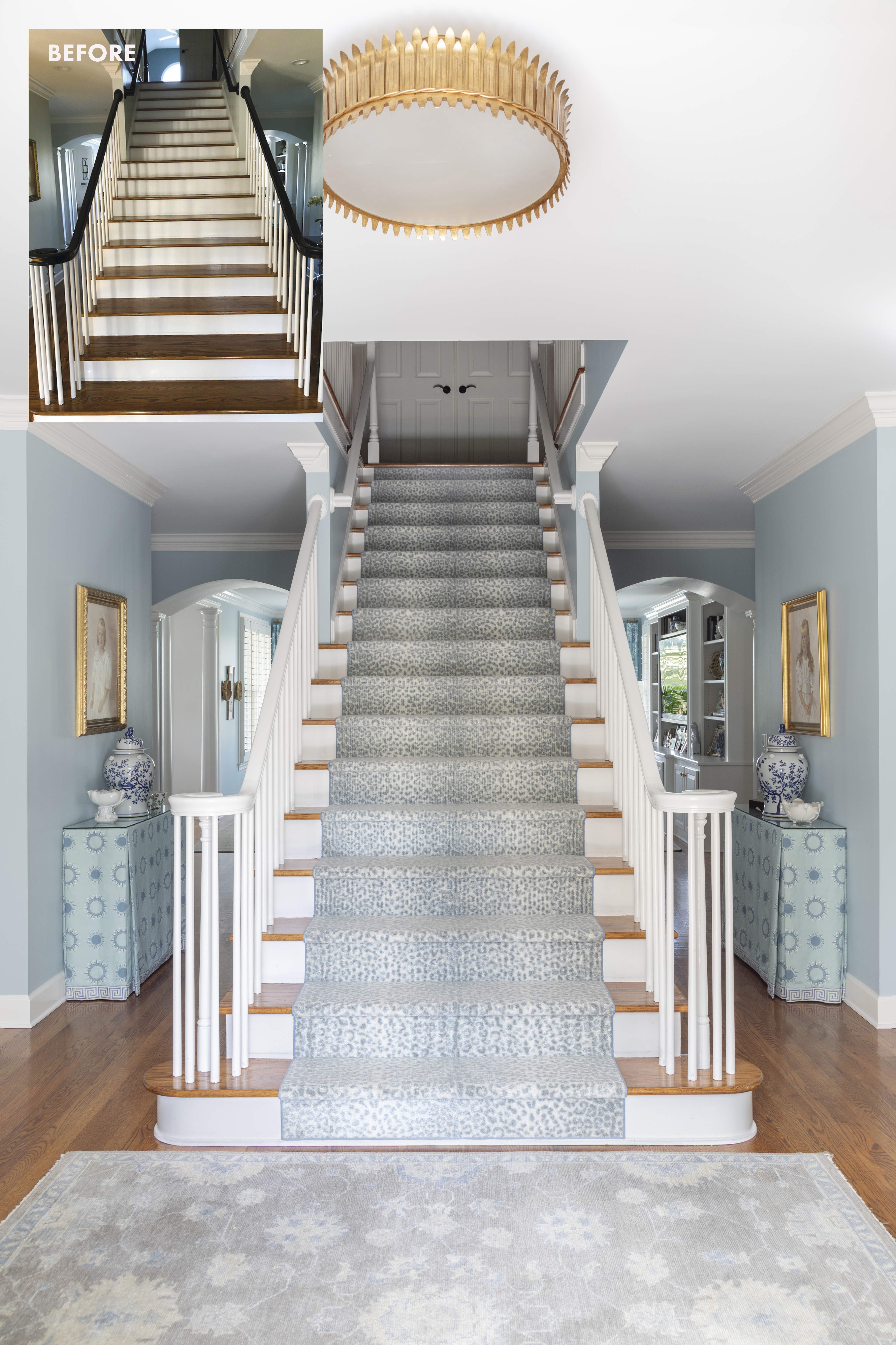 STEPPING IT UP: From traditional to terrific, the entryway and staircase is enlivened by a bold blue leopard-print stair runner by Nourison, installed for design but also to help the Ramas’ elderly Labrador, Grady, and two rambunctious grandchildren navigate the steps safely. A gilded semi-flush light fixture from Visual Comfort, sheds light on the scene.