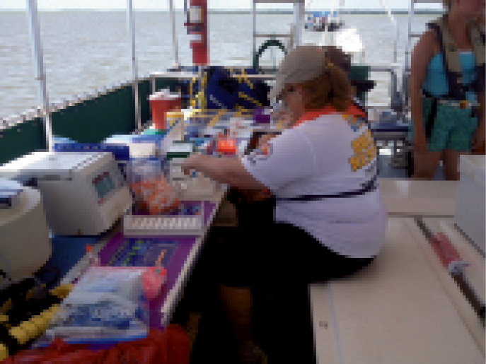 A floating lab and dolphin researchers in Charleston Harbor for the 2013 HERA study