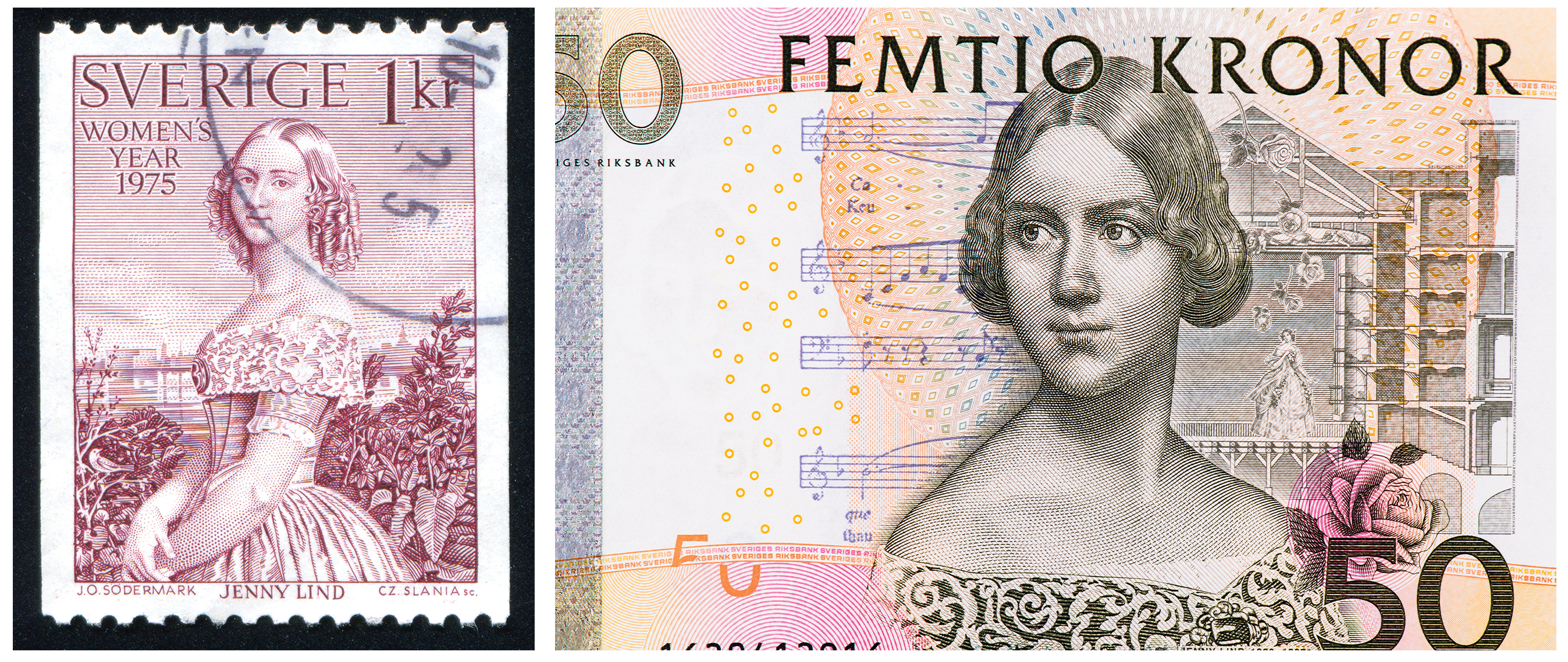 Sweden continues to honor Lind’s legacy, issuing this 50 kronor banknote in 2002 and a “Women’s Year” stamp (left) in 1975.