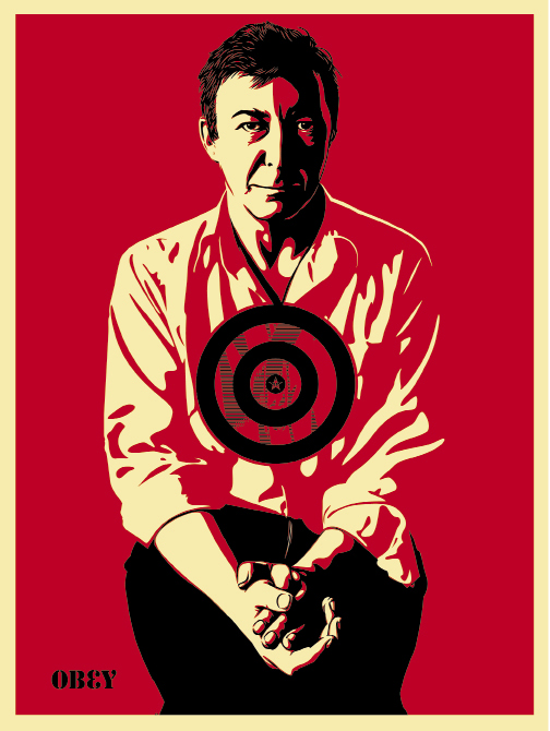 Fairey created these Warhol-esque prints of his “hero,” Jasper Johns, emblazoned with Johns’ well-known target in 2010. Jasper Johns (Red) and Jasper Johns (Cream), screen prints, 18 x 24 inches, based on a photograph by Michael Tighe