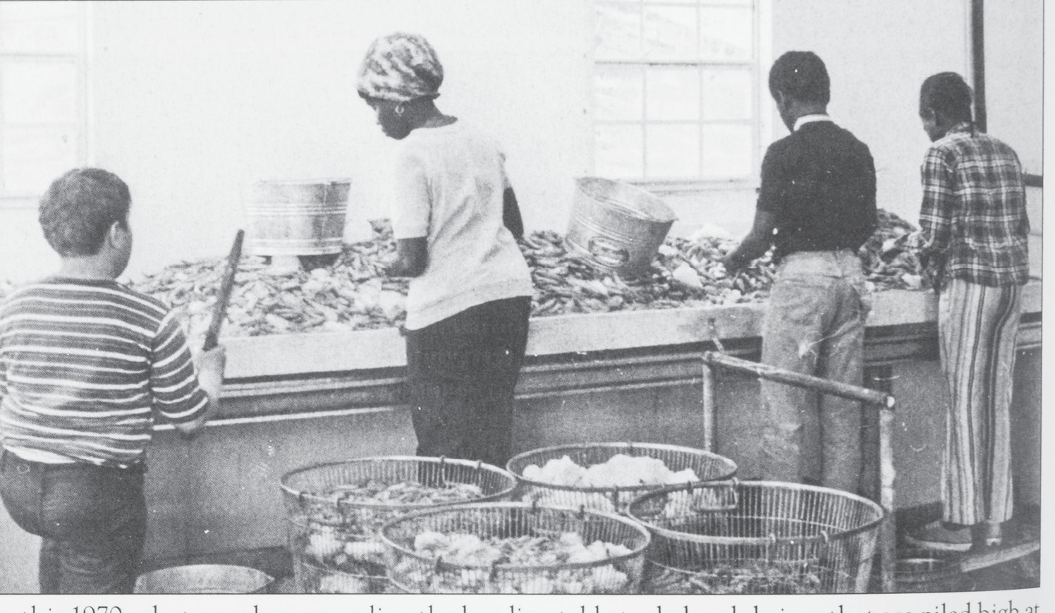Heading shrimp in a Shem Creek seafood house in the 1970s