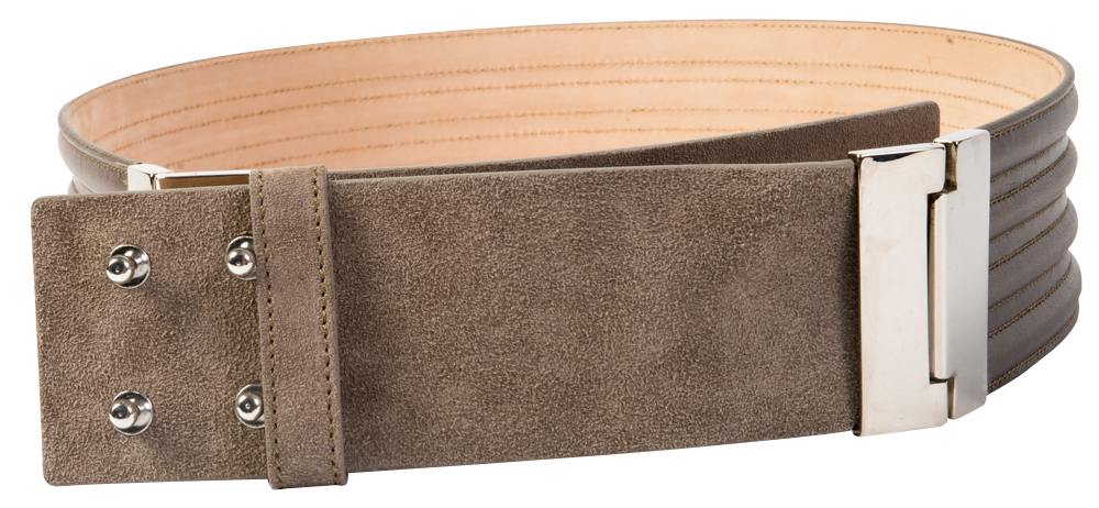 Lafayette 148 &quot;Trapunto Waist Belt&quot; handmade suede belt in gray, $268 at Gwynn&#039;s of Mount Pleasant