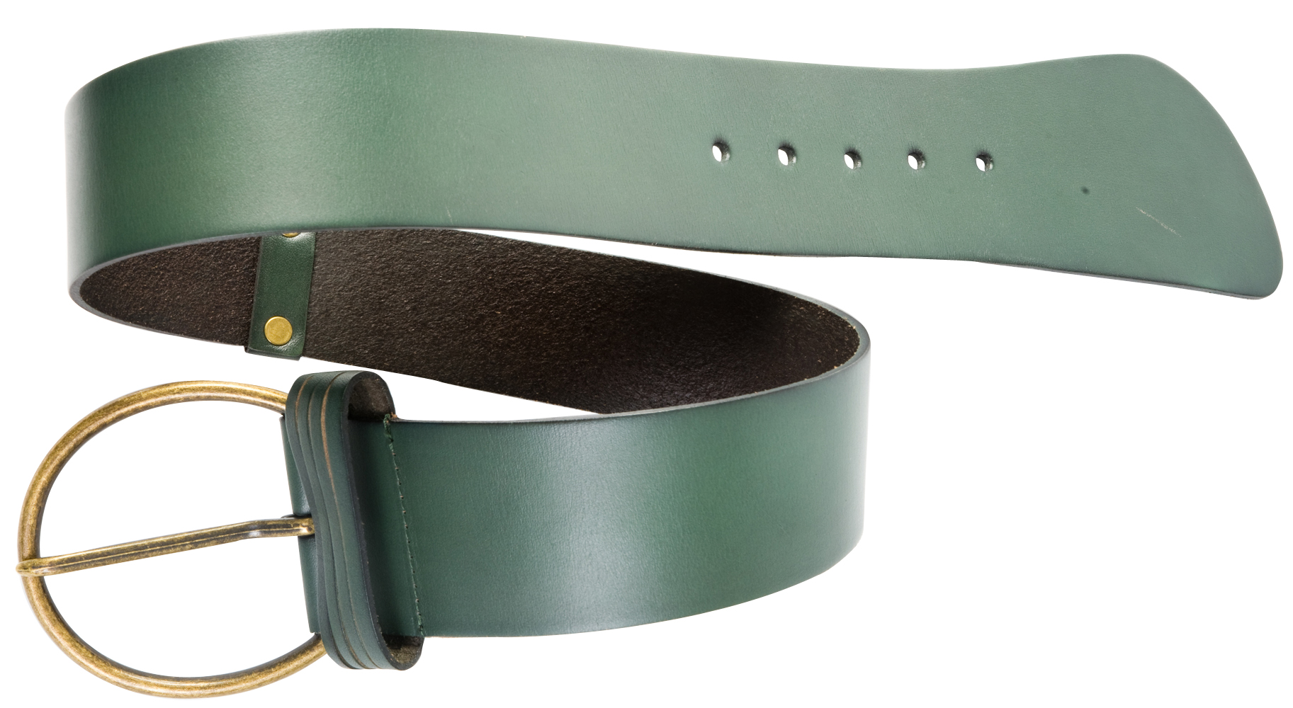 Wide waist belt in army green with a brass finish buckle, $56 at Teal