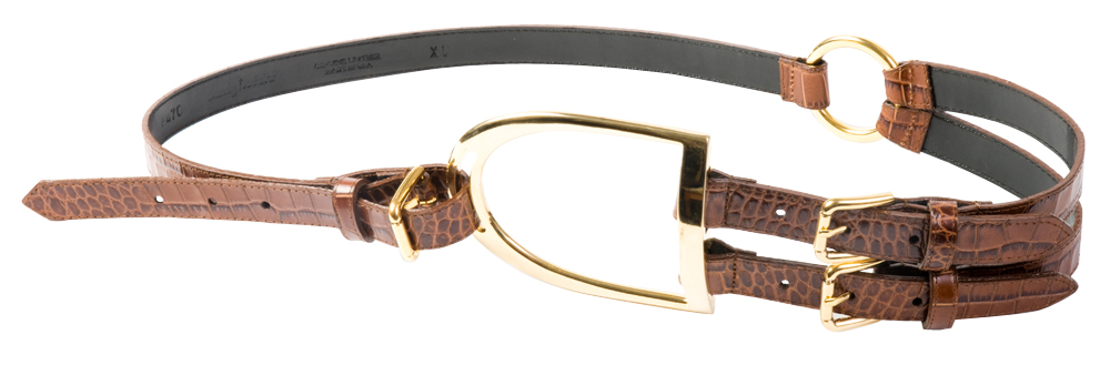 Sandy Duftler crocodile embosssed leather belt with gold oversized buckle, $210 at Anne&#039;s