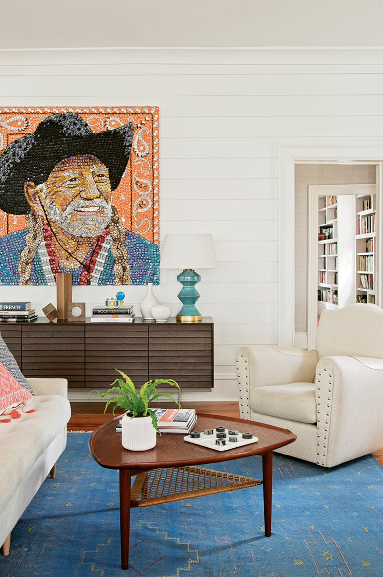 A Molly B. Right portrait of Willie Nelson—dubbed “Bottlecap Willie” by Sam-—presides over the scene.