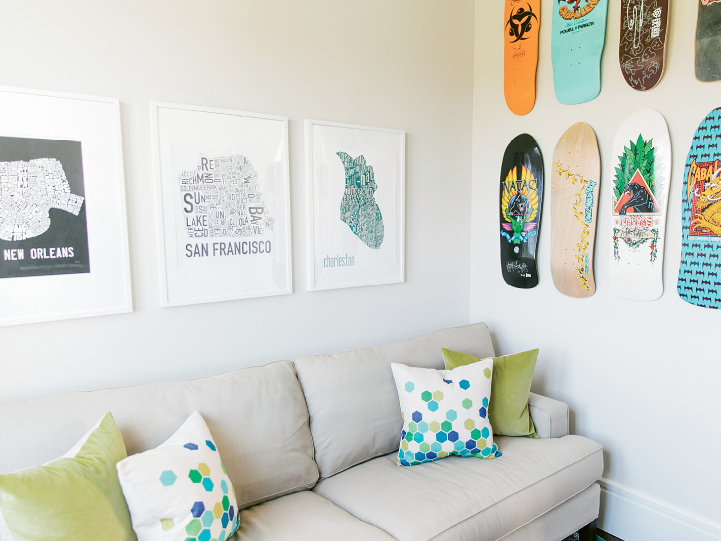 When the twins are craving quiet time, they retreat to their second-floor bedrooms and shared TV room, where the walls are decorated with skateboards that once belonged to Melissa’s brother. “Amelia skateboards, and Cole’s the intellectual of the family,” Melissa notes.