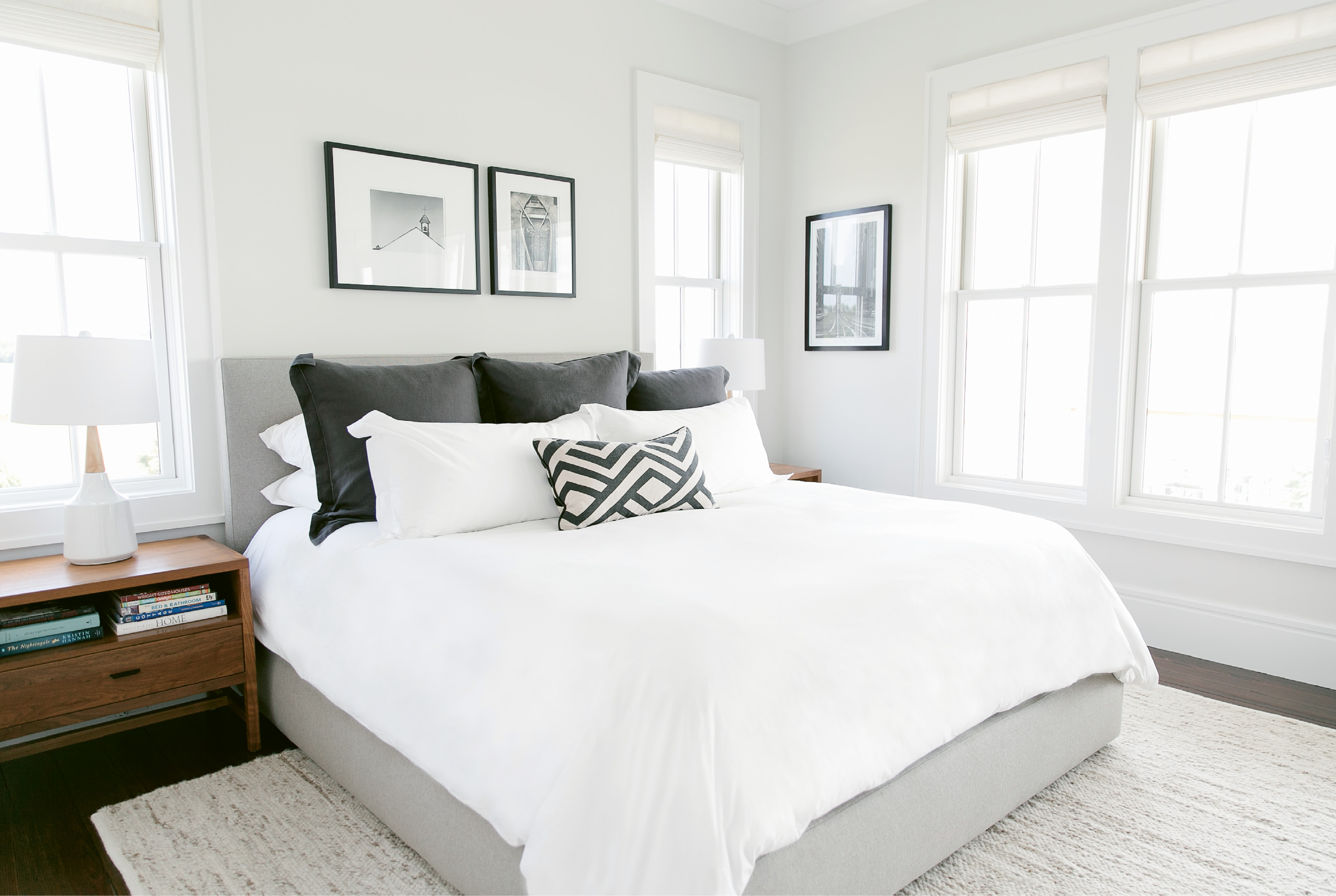The black-and-white master suite is a soothing retreat from the bright colors and busy patterns Melissa often sees as an interior designer.