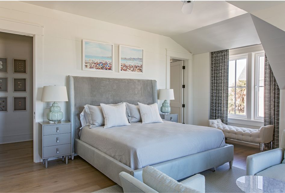 This guest bedroom features a Hickory Chair bed and Lee Industries bench and chairs; all were made in North Carolina, near Mike and Mary’s primary residence