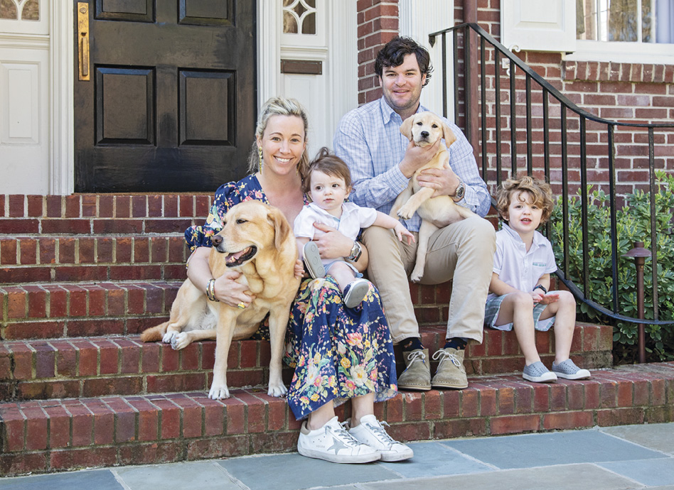Cate and Hugh Leatherman, their two boys, four-year-old Hicks and Tucker, and two Labs