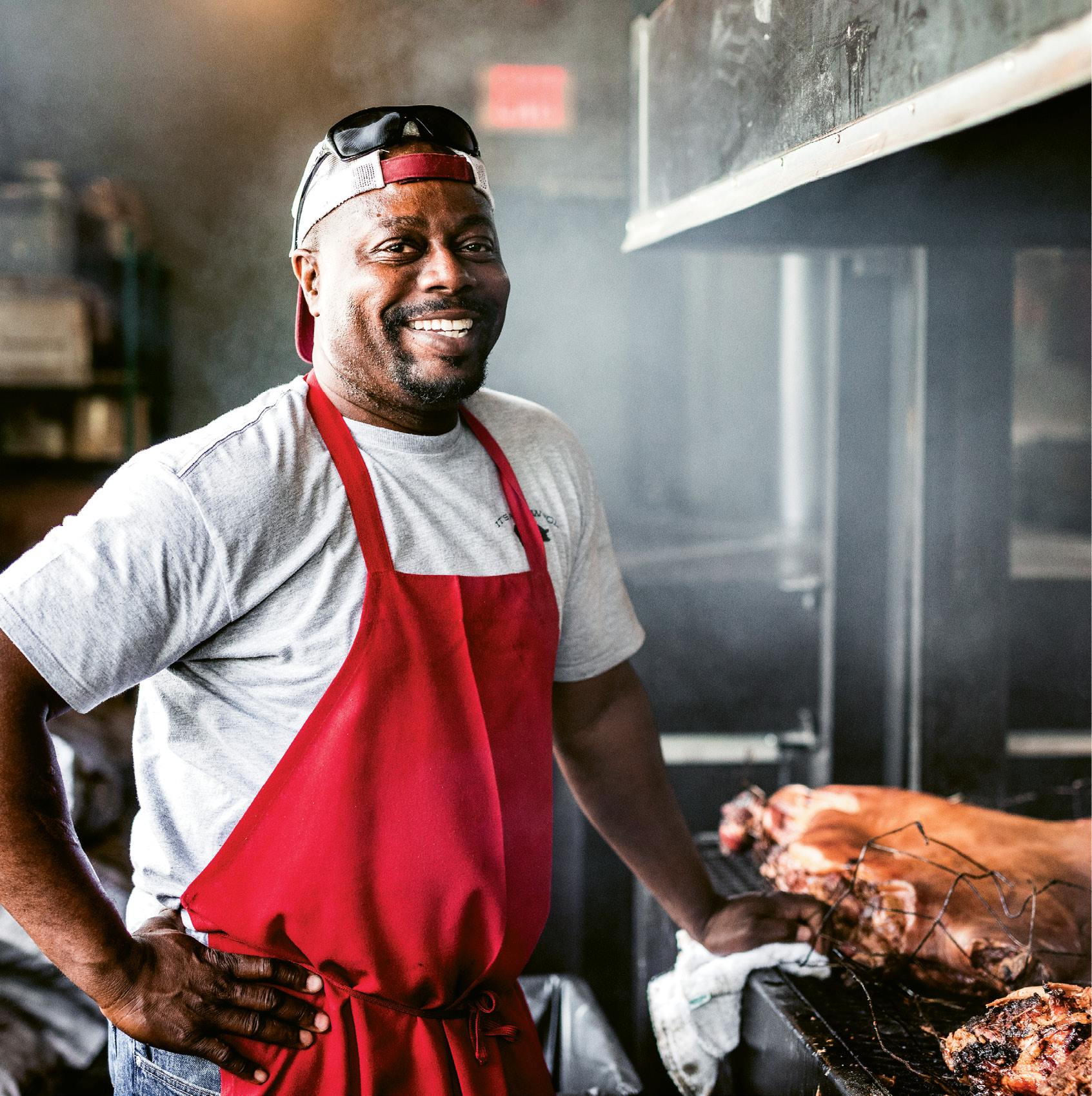 Meat Man: Rodney Scott smokes the entire hog for his dishes, pulling off tender meat and skin for ribs, sandwiches, cracklins, and more.