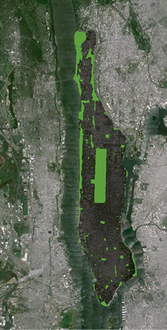 Manhattan: These aerial maps, with parks highlighted in green, demonstrate the difference in dedicated public park space between Manhattan and Charleston. The bustling metropolis has 3.9 square miles of park space or 13 percent of the total area, while Charleston, south of I-526, has less than a half square mile or two percent.