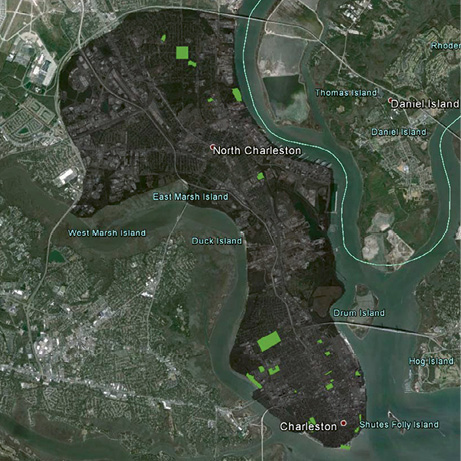 Charleston below I-526: These aerial maps, with parks highlighted in green, demonstrate the difference in dedicated public park space between Manhattan and Charleston. The bustling metropolis has 3.9 square miles of park space or 13 percent of the total area, while Charleston, south of I-526, has less than a half square mile or two percent.