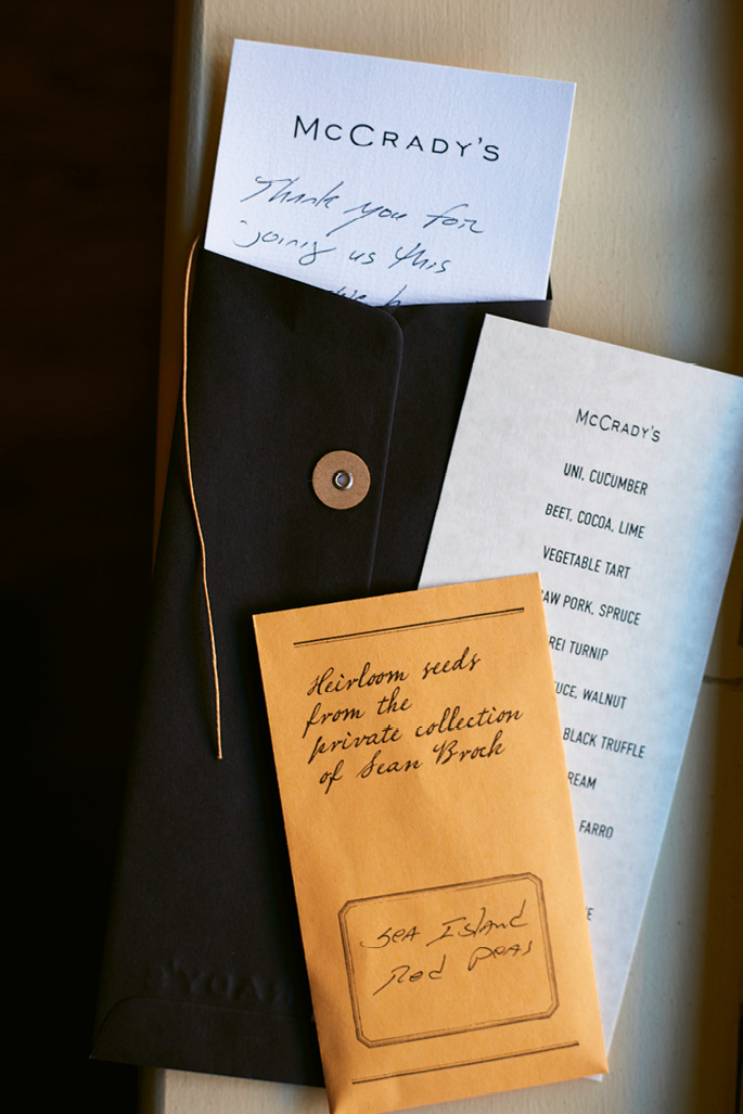 Personal touch: Diners leave with a copy of the night’s menu, as well as a note and a gift from the chef.