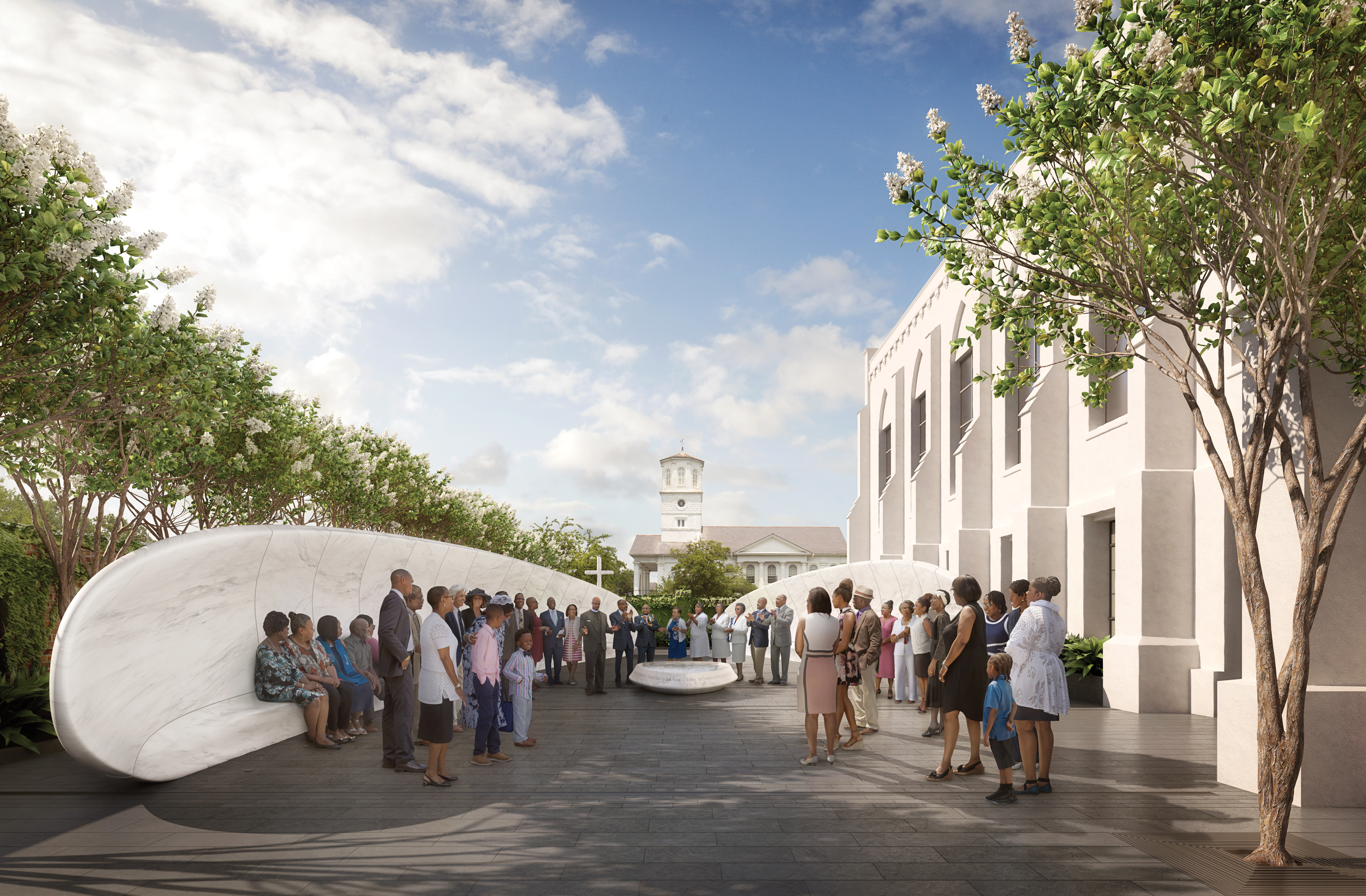 On the west side of the church, the “Memorial Courtyard” features marble benches and a fountain etched with the names of the Emanuel Nine. Behind it, the “Contemplation Basin,” with a cross above a simple altar, will give visitors a quiet place to pray and reflect.