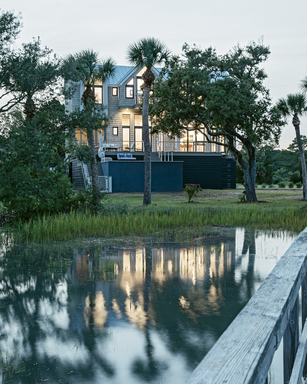 A newly built dock provides easy access to the marsh and extends toward the Atlantic Ocean.