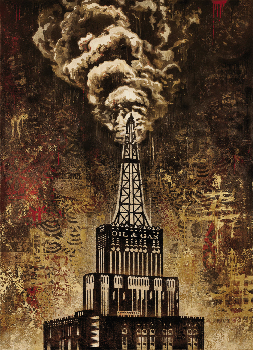il &amp; Gas Building by Shepard Fairey,  2014, mixed-media painting on canvas,  44 x 60 inches; copyright 2014 Shepard Fairey, courtesy of Halsey Institute of Contemporary Art