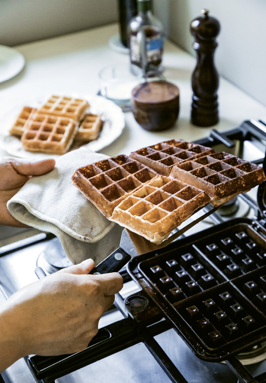 “I use a vintage-ish Nordicware cast iron waffle iron I got on eBay. It’s one of my favorite pieces of cookware,” says Wong. “I love crumble. I try to put it on everything.”